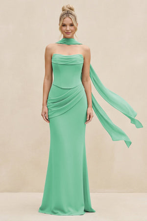 Cowl Neck Sheath Chiffon Bridesmaid Dress with Ribbon in Turquoise - KissProm Bridesmaid Dresses