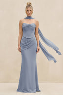Cowl Neck Sheath Chiffon Bridesmaid Dress with Ribbon in Twilight - KissProm Bridesmaid Dresses