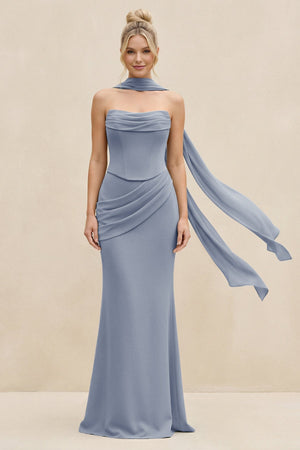 Cowl Neck Sheath Chiffon Bridesmaid Dress with Ribbon in Twilight - KissProm Bridesmaid Dresses