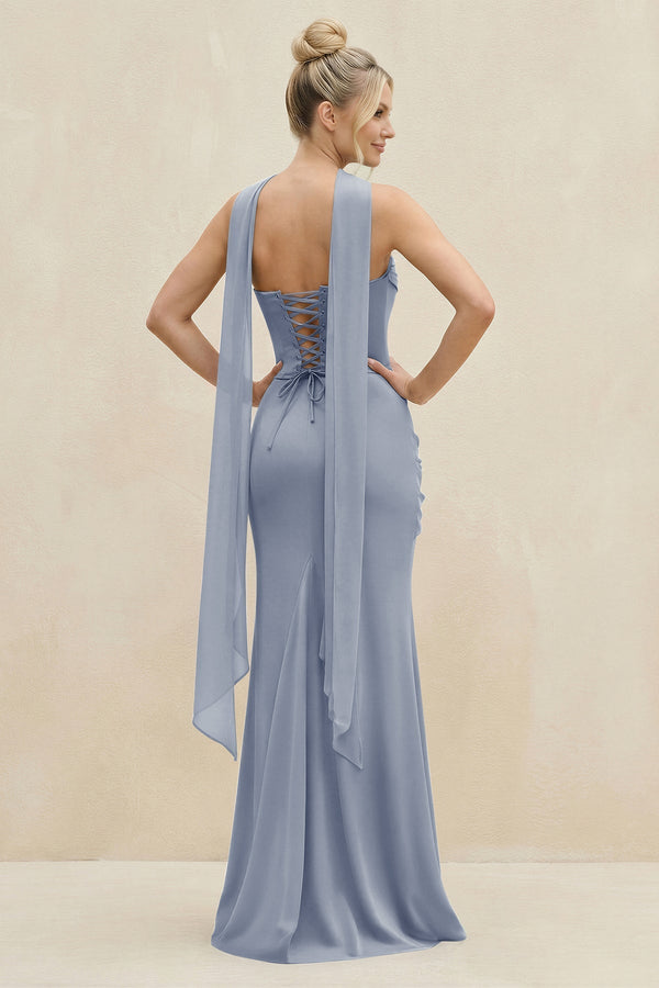 Cowl Neck Sheath Chiffon Bridesmaid Dress with Ribbon in Twilight - KissProm Bridesmaid Dresses