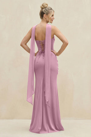Cowl Neck Sheath Chiffon Bridesmaid Dress with Ribbon in Vintage Mauve - KissProm Bridesmaid Dresses
