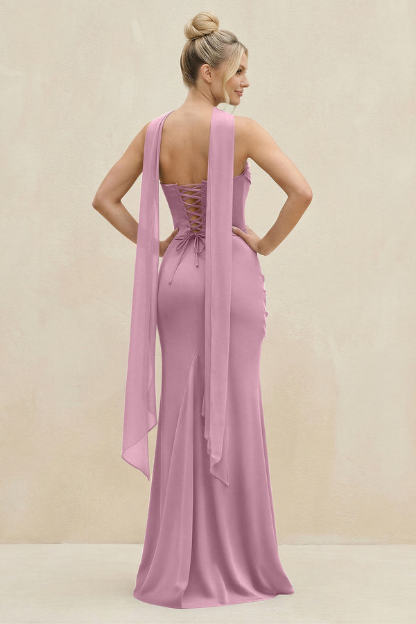 Cowl Neck Sheath Chiffon Bridesmaid Dress with Ribbon in Vintage Mauve - KissProm Bridesmaid Dresses