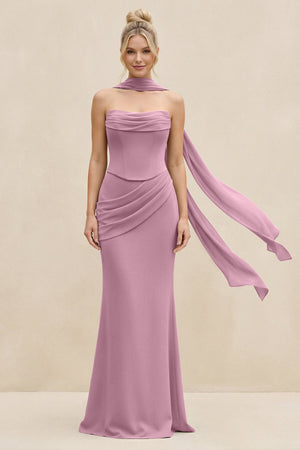 KissProm Cowl Neck Sheath Chiffon Bridesmaid Dress with Ribbon in Vintage Mauve, Vintage Mauve / 22