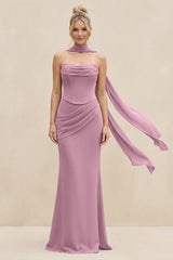 Cowl Neck Sheath Chiffon Bridesmaid Dress with Ribbon in Vintage Mauve - KissProm Bridesmaid Dresses