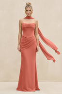 Cowl Neck Sheath Chiffon Bridesmaid Dress with Ribbon in Wild Rose - KissProm Bridesmaid Dresses