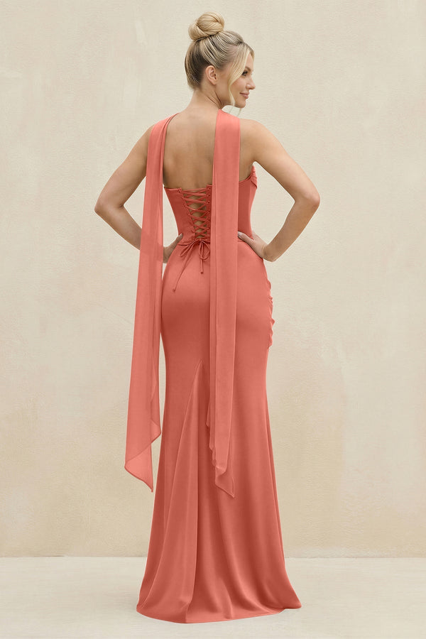Cowl Neck Sheath Chiffon Bridesmaid Dress with Ribbon in Wild Rose - KissProm Bridesmaid Dresses
