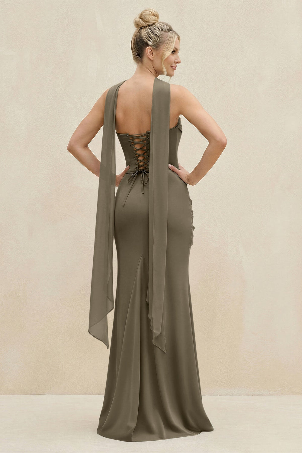 Cowl Neck Sheath Chiffon Bridesmaid Dress with Ribbon in Willow Green - KissProm Bridesmaid Dresses