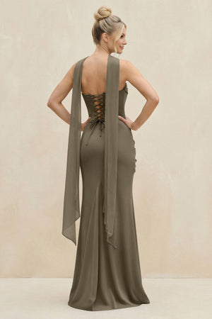 Cowl Neck Sheath Chiffon Bridesmaid Dress with Ribbon in Willow Green - KissProm Bridesmaid Dresses