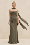 Cowl Neck Sheath Chiffon Bridesmaid Dress with Ribbon in Willow Green - KissProm Bridesmaid Dresses