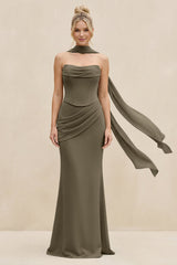 Cowl Neck Sheath Chiffon Bridesmaid Dress with Ribbon in Willow Green - KissProm Bridesmaid Dresses