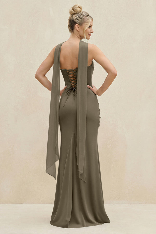 Cowl Neck Sheath Chiffon Bridesmaid Dress with Ribbon in Willow Green - KissProm Bridesmaid Dresses