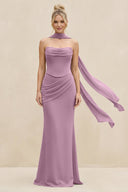 Cowl Neck Sheath Chiffon Bridesmaid Dress with Ribbon in Wisteria - KissProm Bridesmaid Dresses