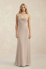 Cowl Neck Sheath Chiffon Maxi Bridesmaid Dress With Ribbon in Almond - KissProm Bridesmaid Dresses