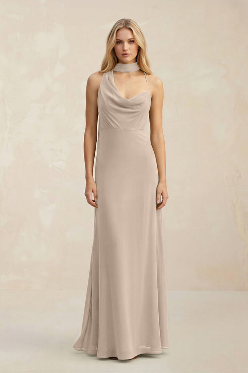 Cowl Neck Sheath Chiffon Maxi Bridesmaid Dress With Ribbon in Almond - KissProm Bridesmaid Dresses