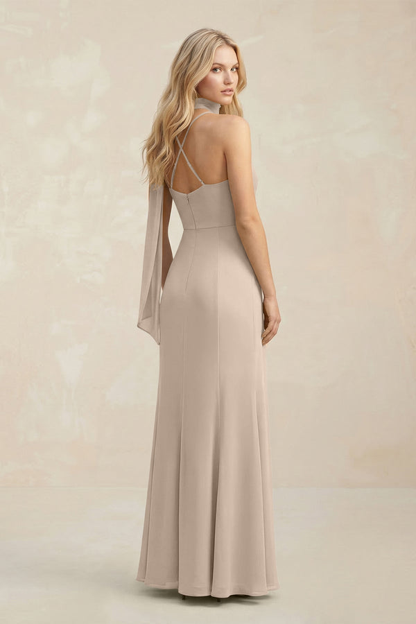 Cowl Neck Sheath Chiffon Maxi Bridesmaid Dress With Ribbon in Almond - KissProm Bridesmaid Dresses
