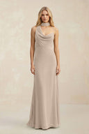 Cowl Neck Sheath Chiffon Maxi Bridesmaid Dress With Ribbon in Almond - KissProm Bridesmaid Dresses