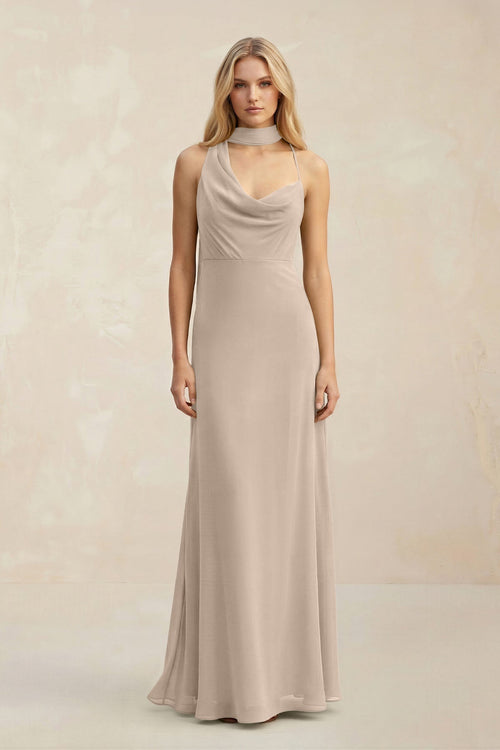 Cowl Neck Sheath Chiffon Maxi Bridesmaid Dress With Ribbon in Almond - KissProm Bridesmaid Dresses