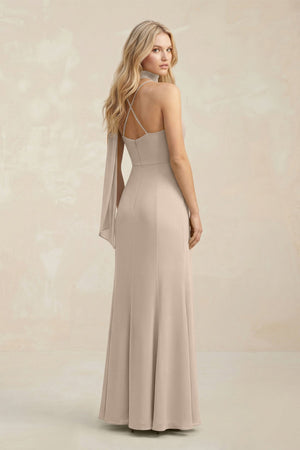 Cowl Neck Sheath Chiffon Maxi Bridesmaid Dress With Ribbon in Almond - KissProm Bridesmaid Dresses