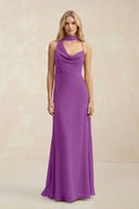 Cowl Neck Sheath Chiffon Maxi Bridesmaid Dress With Ribbon in Amethyst - KissProm Bridesmaid Dresses