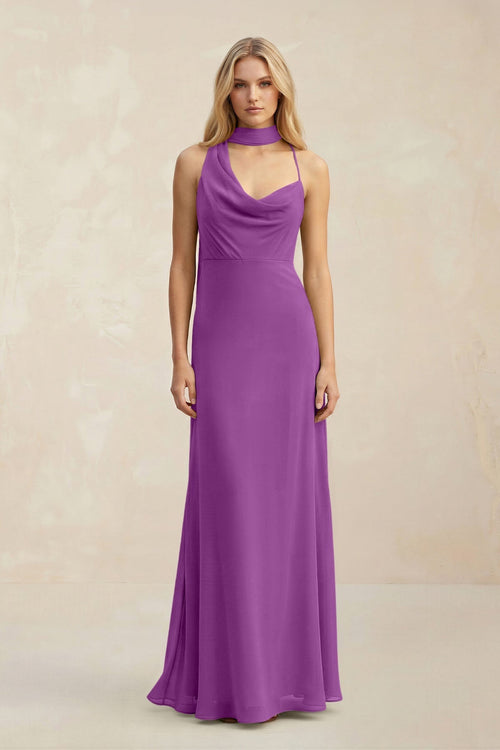Cowl Neck Sheath Chiffon Maxi Bridesmaid Dress With Ribbon in Amethyst - KissProm Bridesmaid Dresses