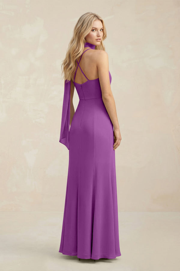 Cowl Neck Sheath Chiffon Maxi Bridesmaid Dress With Ribbon in Amethyst - KissProm Bridesmaid Dresses