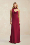 Cowl Neck Sheath Chiffon Maxi Bridesmaid Dress With Ribbon in Berry - KissProm Bridesmaid Dresses