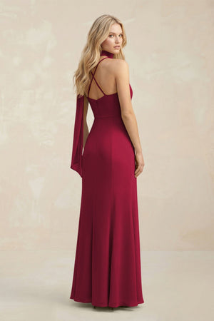 Cowl Neck Sheath Chiffon Maxi Bridesmaid Dress With Ribbon in Berry - KissProm Bridesmaid Dresses