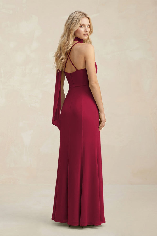 Cowl Neck Sheath Chiffon Maxi Bridesmaid Dress With Ribbon in Berry - KissProm Bridesmaid Dresses