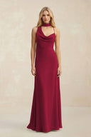 Cowl Neck Sheath Chiffon Maxi Bridesmaid Dress With Ribbon in Berry - KissProm Bridesmaid Dresses