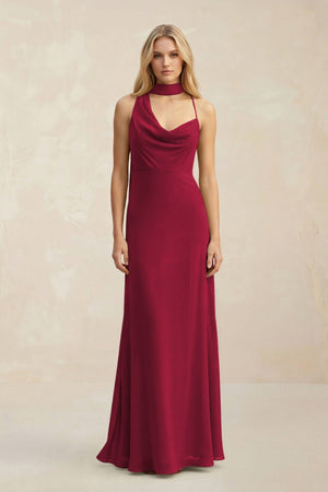Cowl Neck Sheath Chiffon Maxi Bridesmaid Dress With Ribbon in Berry - KissProm Bridesmaid Dresses