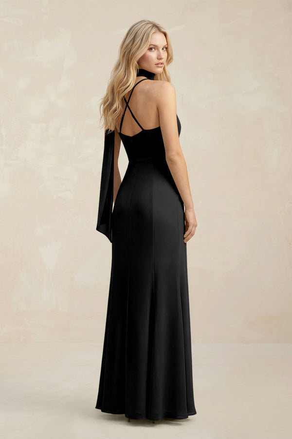 Cowl Neck Sheath Chiffon Maxi Bridesmaid Dress With Ribbon in Black - KissProm Bridesmaid Dresses