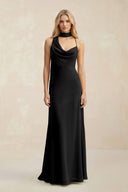 Cowl Neck Sheath Chiffon Maxi Bridesmaid Dress With Ribbon in Black - KissProm Bridesmaid Dresses