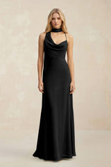 Cowl Neck Sheath Chiffon Maxi Bridesmaid Dress With Ribbon in Black - KissProm Bridesmaid Dresses