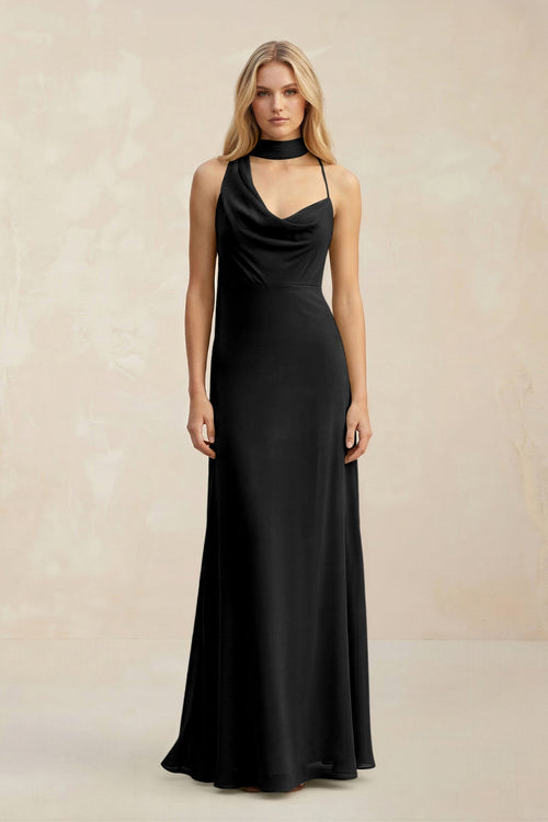 Cowl Neck Sheath Chiffon Maxi Bridesmaid Dress With Ribbon in Black - KissProm Bridesmaid Dresses