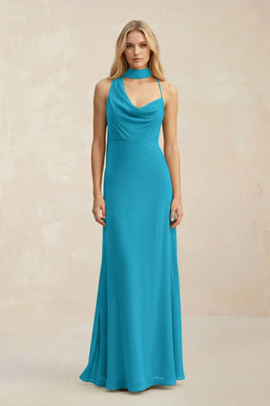 Cowl Neck Sheath Chiffon Maxi Bridesmaid Dress With Ribbon in Blue Jay - KissProm Bridesmaid Dresses