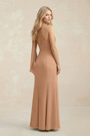 Cowl Neck Sheath Chiffon Maxi Bridesmaid Dress With Ribbon in Bronzer - KissProm Bridesmaid Dresses