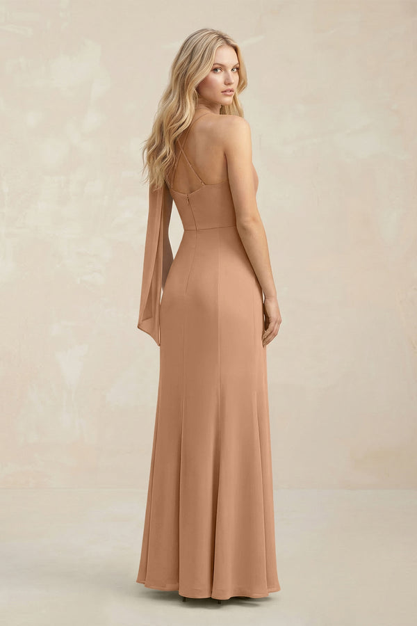 Cowl Neck Sheath Chiffon Maxi Bridesmaid Dress With Ribbon in Bronzer - KissProm Bridesmaid Dresses