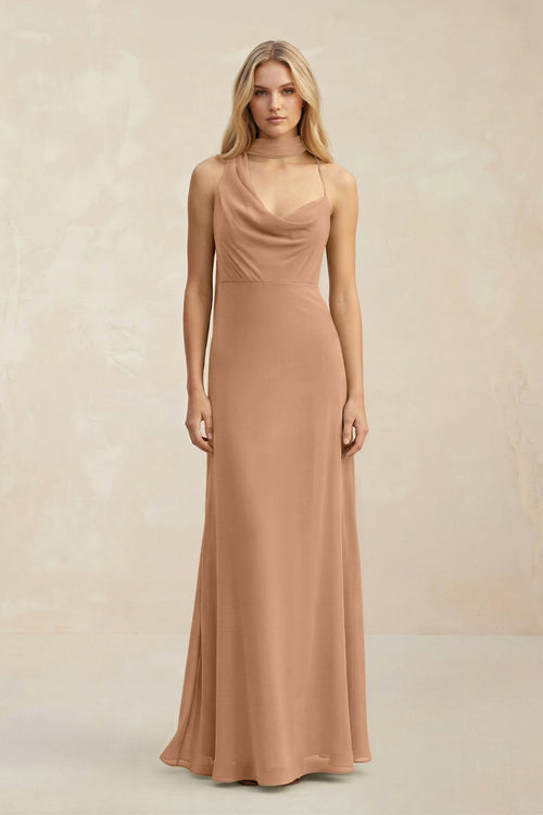 Cowl Neck Sheath Chiffon Maxi Bridesmaid Dress With Ribbon in Bronzer - KissProm Bridesmaid Dresses