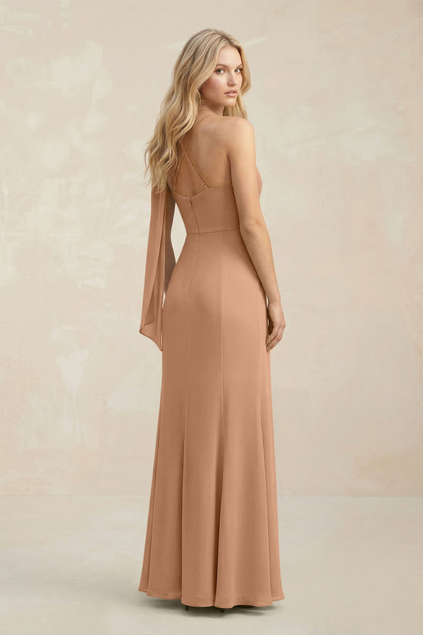 Cowl Neck Sheath Chiffon Maxi Bridesmaid Dress With Ribbon in Bronzer - KissProm Bridesmaid Dresses