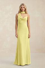 Cowl Neck Sheath Chiffon Maxi Bridesmaid Dress With Ribbon in Buttercup - KissProm Bridesmaid Dresses