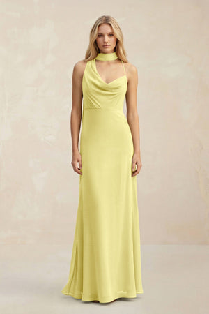 Cowl Neck Sheath Chiffon Maxi Bridesmaid Dress With Ribbon in Buttercup - KissProm Bridesmaid Dresses