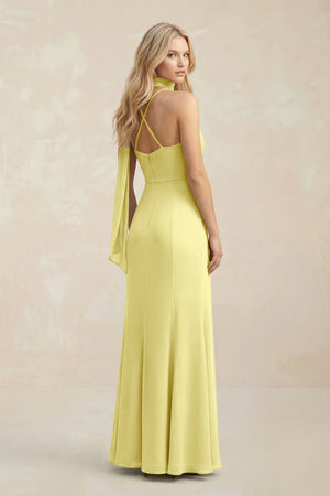 Cowl Neck Sheath Chiffon Maxi Bridesmaid Dress With Ribbon in Buttercup - KissProm Bridesmaid Dresses