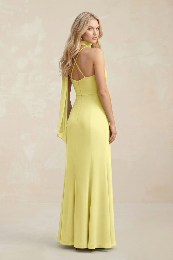 Cowl Neck Sheath Chiffon Maxi Bridesmaid Dress With Ribbon in Buttercup - KissProm Bridesmaid Dresses