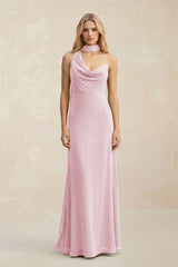 Cowl Neck Sheath Chiffon Maxi Bridesmaid Dress With Ribbon in Candy Pink - KissProm Bridesmaid Dresses