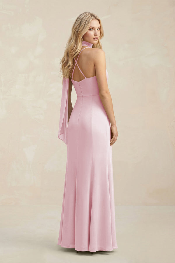 Cowl Neck Sheath Chiffon Maxi Bridesmaid Dress With Ribbon in Candy Pink - KissProm Bridesmaid Dresses