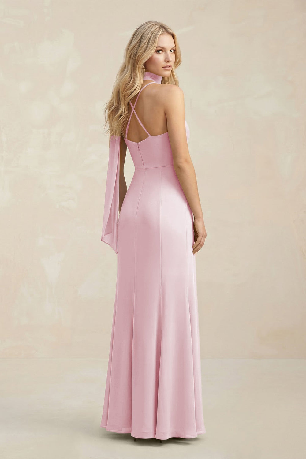 Cowl Neck Sheath Chiffon Maxi Bridesmaid Dress With Ribbon in Candy Pink - KissProm Bridesmaid Dresses