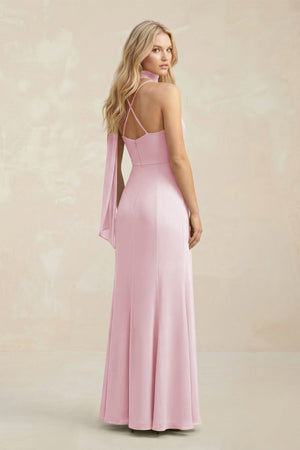 Cowl Neck Sheath Chiffon Maxi Bridesmaid Dress With Ribbon in Candy Pink - KissProm Bridesmaid Dresses