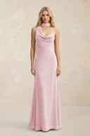 Cowl Neck Sheath Chiffon Maxi Bridesmaid Dress With Ribbon in Candy Pink - KissProm Bridesmaid Dresses