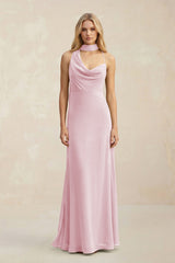 Cowl Neck Sheath Chiffon Maxi Bridesmaid Dress With Ribbon in Candy Pink - KissProm Bridesmaid Dresses