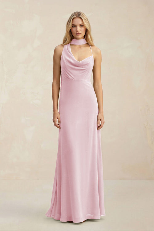 Cowl Neck Sheath Chiffon Maxi Bridesmaid Dress With Ribbon in Candy Pink - KissProm Bridesmaid Dresses